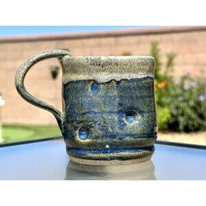 Square Blue Beige Handmade Stoneware Studio Artisan Pottery Coffee Mug Signed